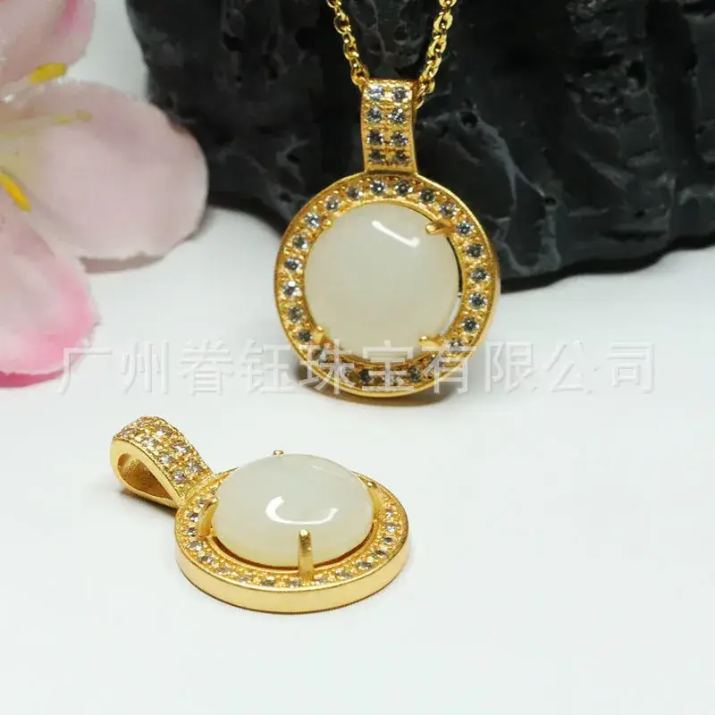 Guan Yu Natural Hetian Jade Pendant Round White Jade Cabochon Necklace - Image 5