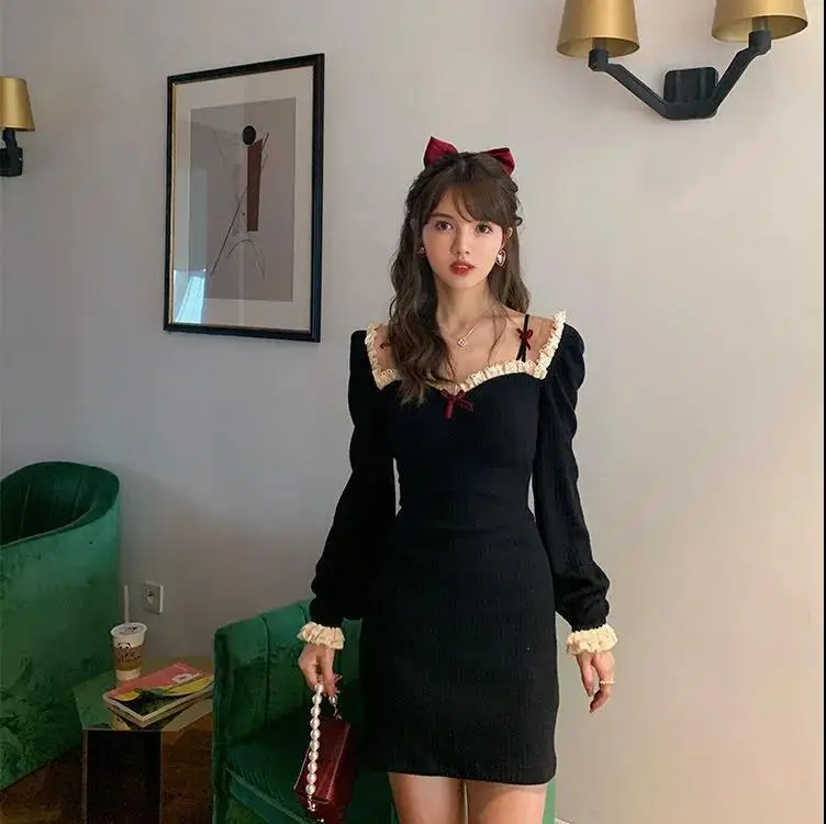 Women Knitted Lace Dress Red 2022 Spring Autumn - Image 4