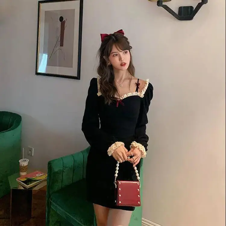 Women Knitted Lace Dress Red 2022 Spring Autumn - Image 5