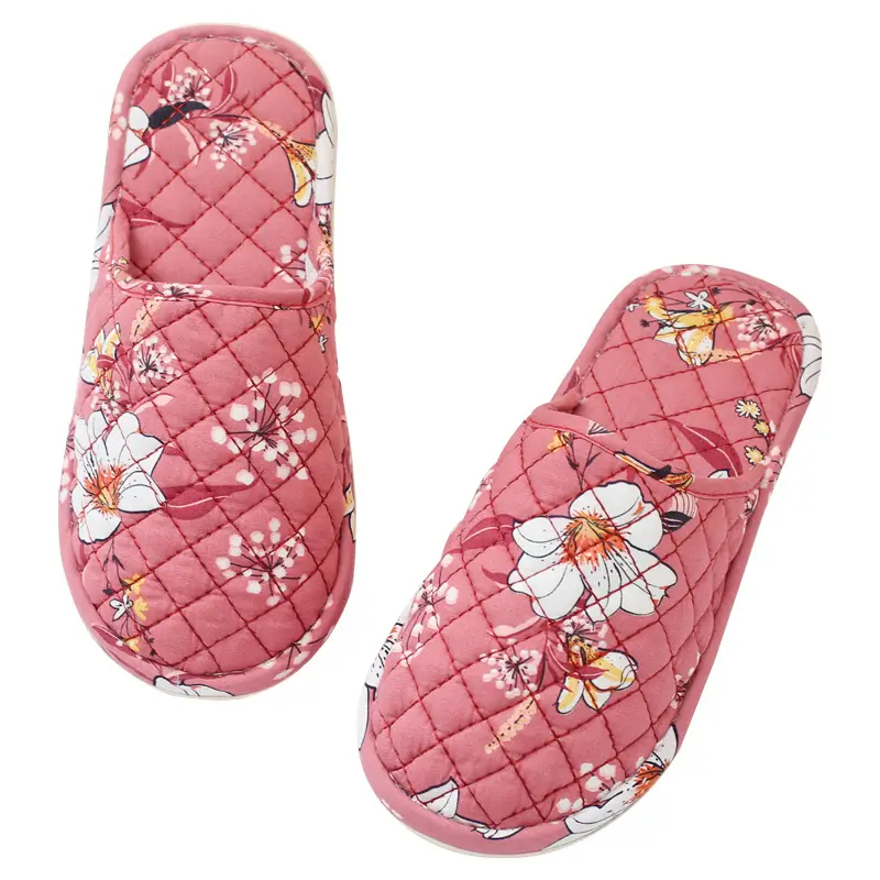 Spring and Autumn Floral Fabric Rubber-Soled Slippers for Home Indoor Use, Cotton Slippers for Winter, Closed-Toe, for Men and Women, Couples