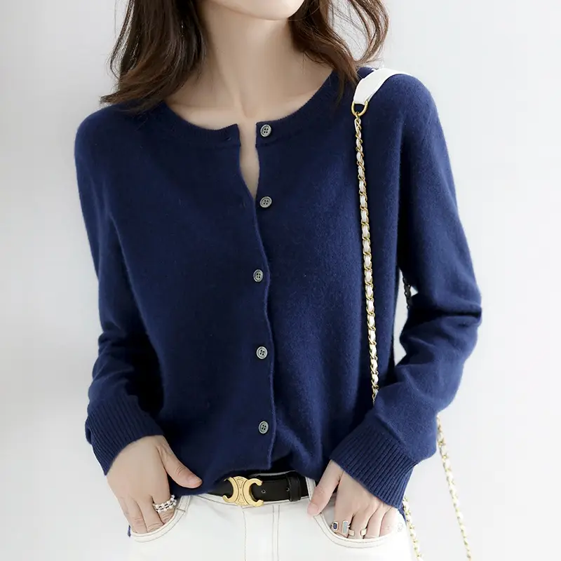 Women's Knitted Crewneck Sweater Coat Brown Long Sleeve - Image 13
