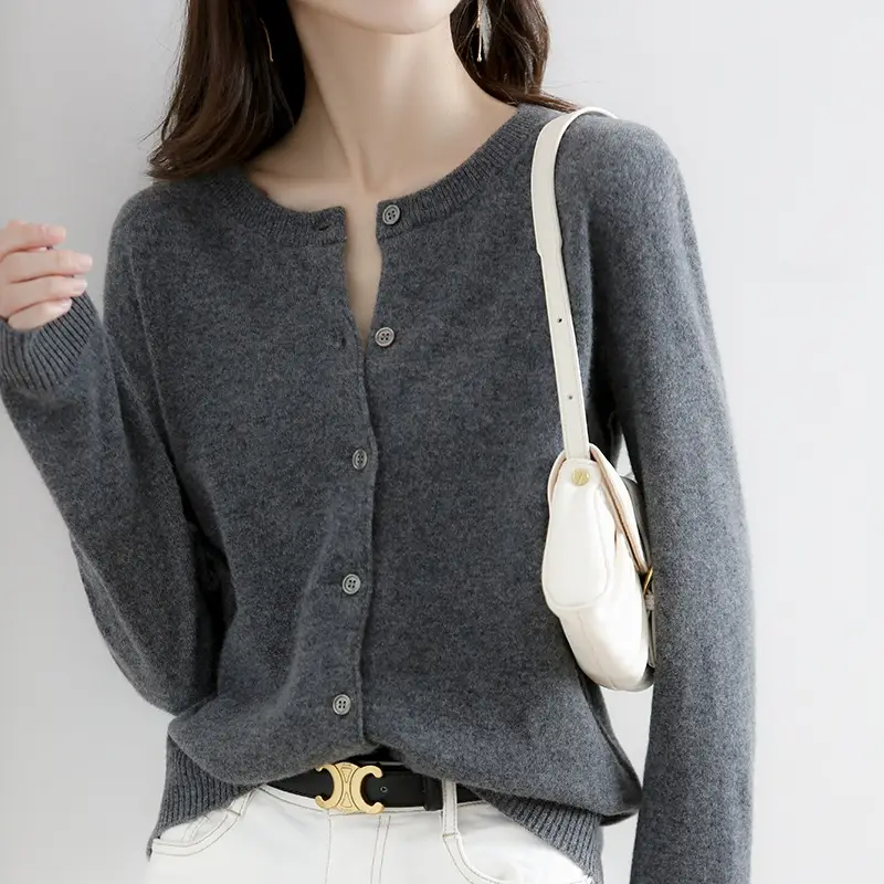 Women's Knitted Crewneck Sweater Coat Brown Long Sleeve - Image 9
