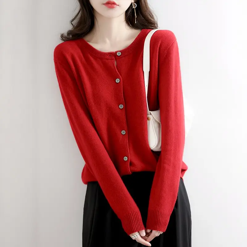 Women's Knitted Crewneck Sweater Coat Brown Long Sleeve - Image 10