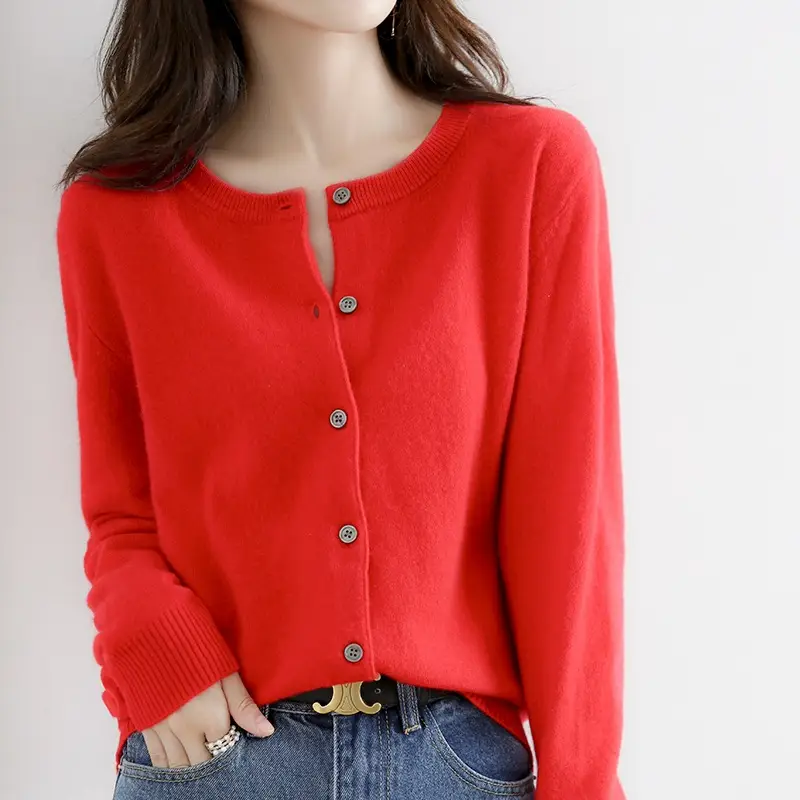 Women's Knitted Crewneck Sweater Coat Brown Long Sleeve - Image 11