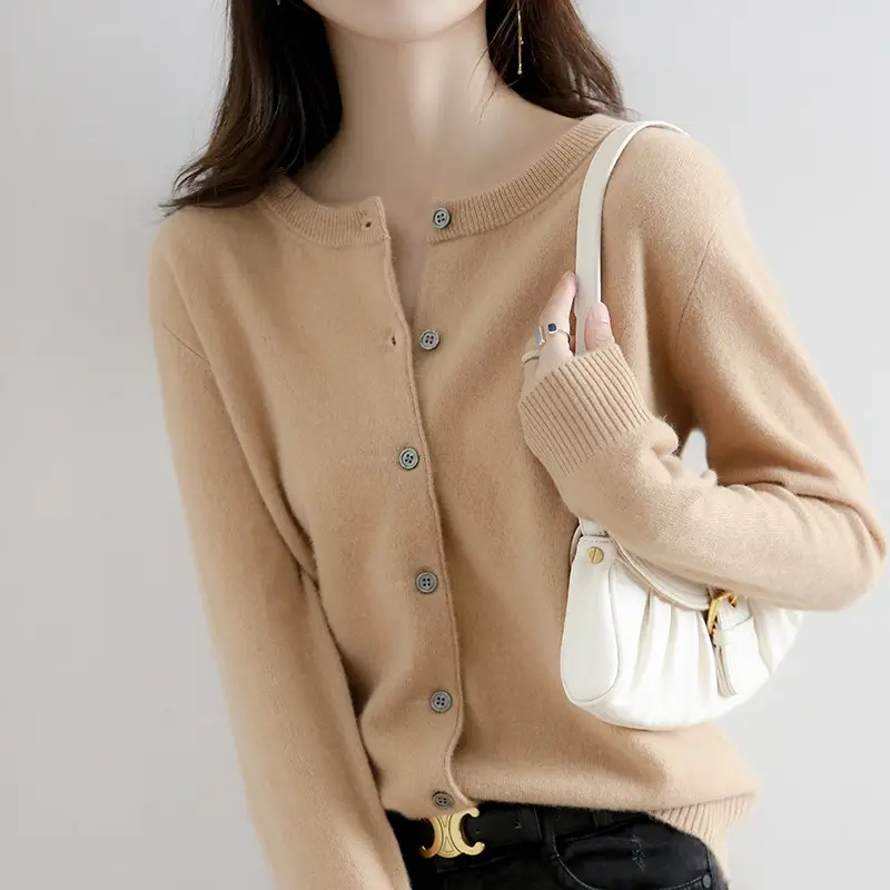 Women's Knitted Crewneck Sweater Coat Brown Long Sleeve - Image 4