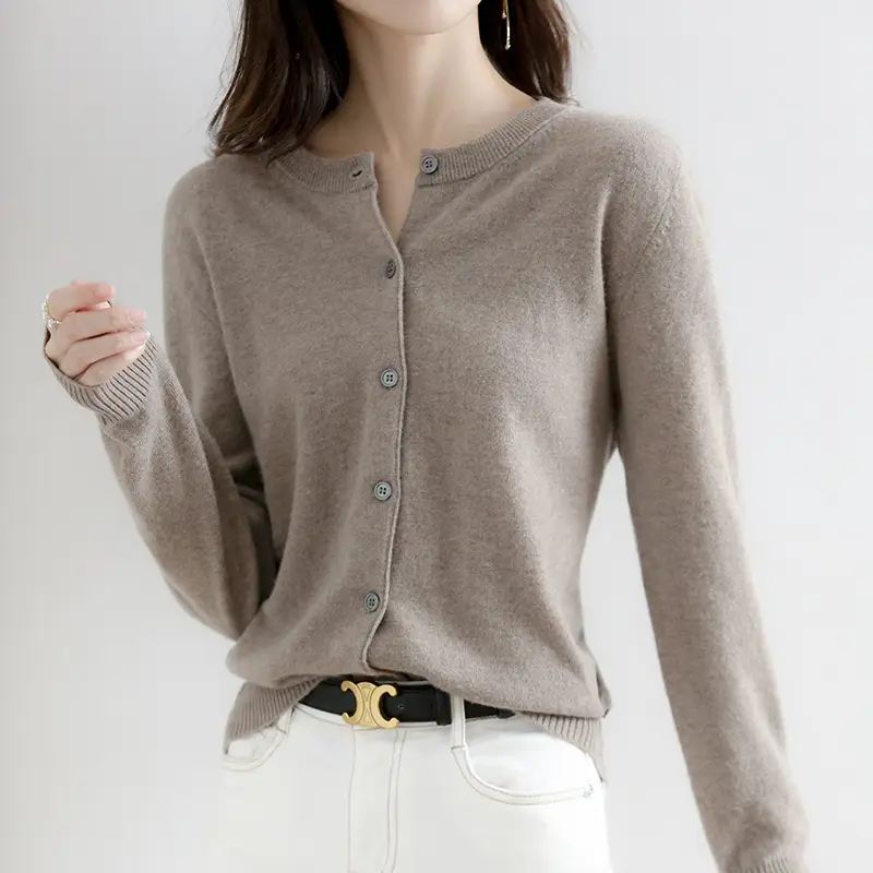 Women's Knitted Crewneck Sweater Coat Brown Long Sleeve - Image 5