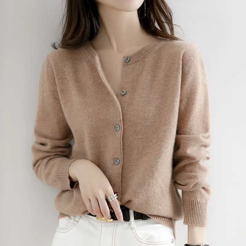 Women's Knitted Crewneck Sweater Coat Brown Long Sleeve - Image 6