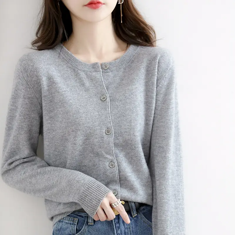 Women's Knitted Crewneck Sweater Coat Brown Long Sleeve - Image 8