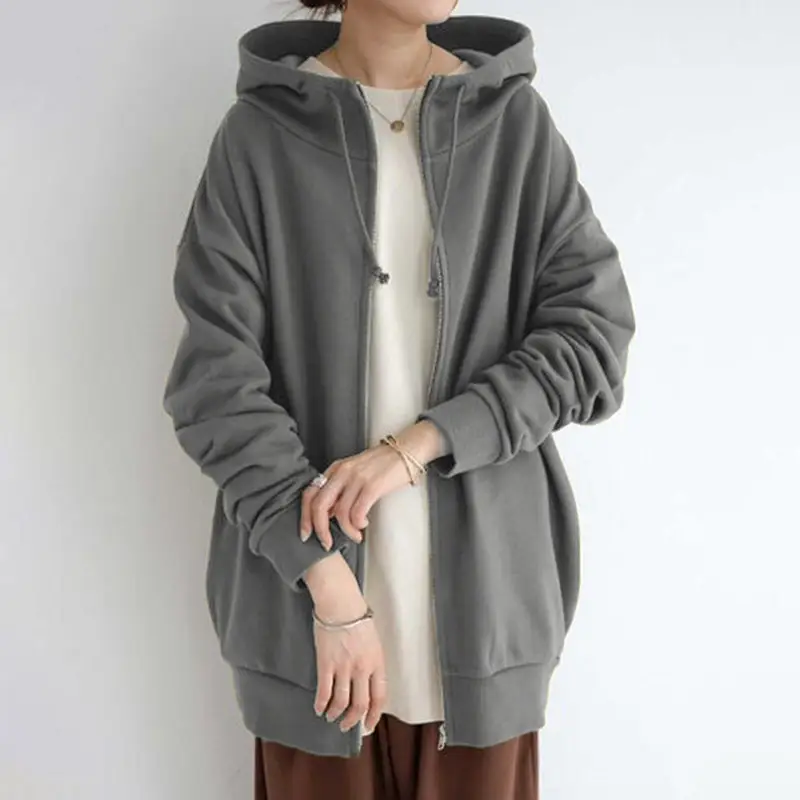 2023 Hooded Zipper Sweatshirt Beige Plus Size - Image 4