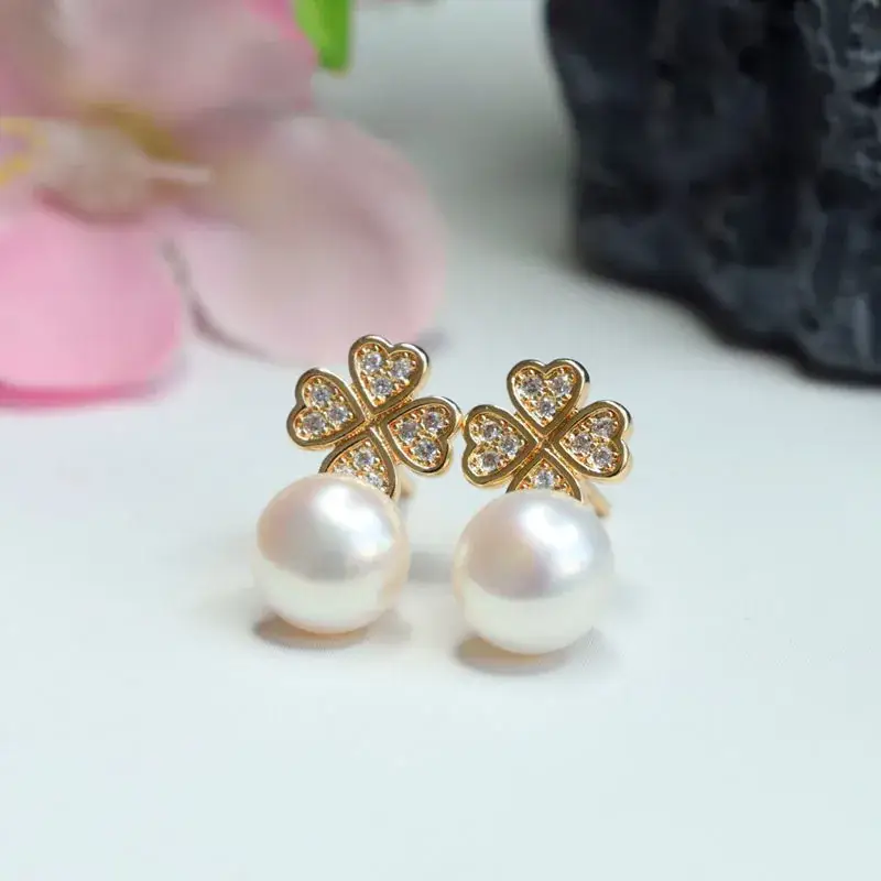 Guan Yu Pearl Heart Clover Earrings S925 Gold - Image 3