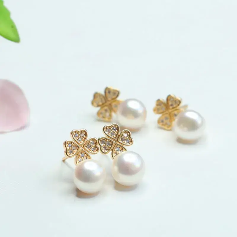 Guan Yu Pearl Heart Clover Earrings S925 Gold - Image 6