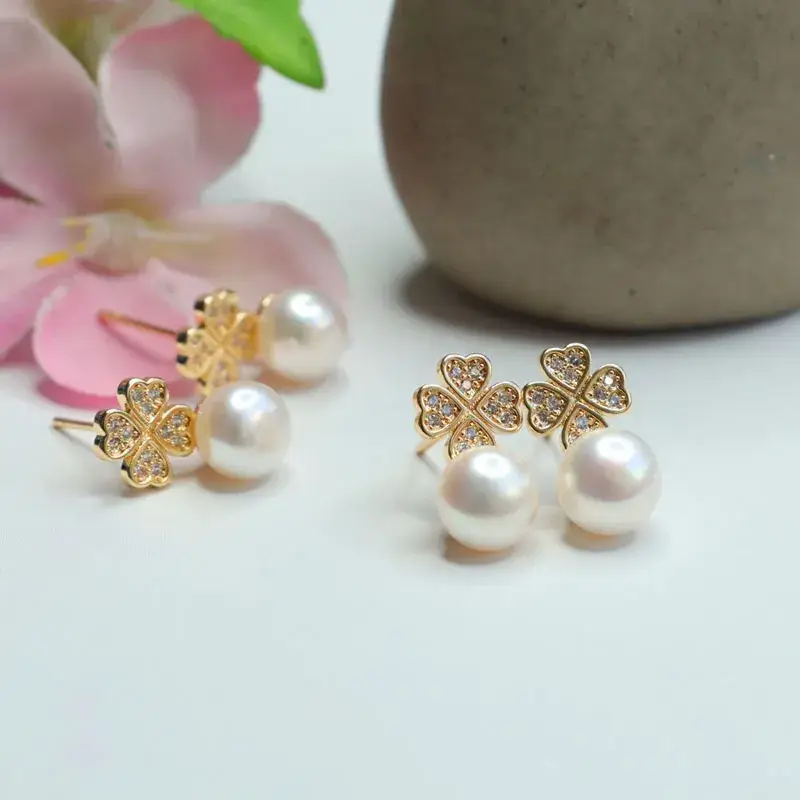 Guan Yu Pearl Heart Clover Earrings S925 Gold — feature 9