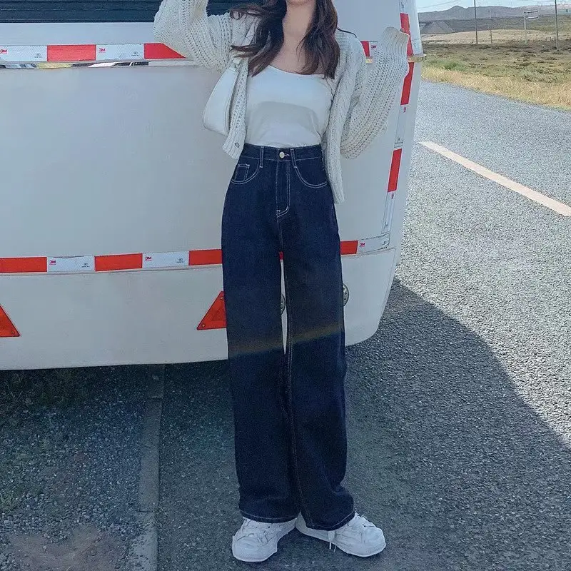 Dark Blue Straight Leg Jeans Women Spring Autumn 2024 - Image 4