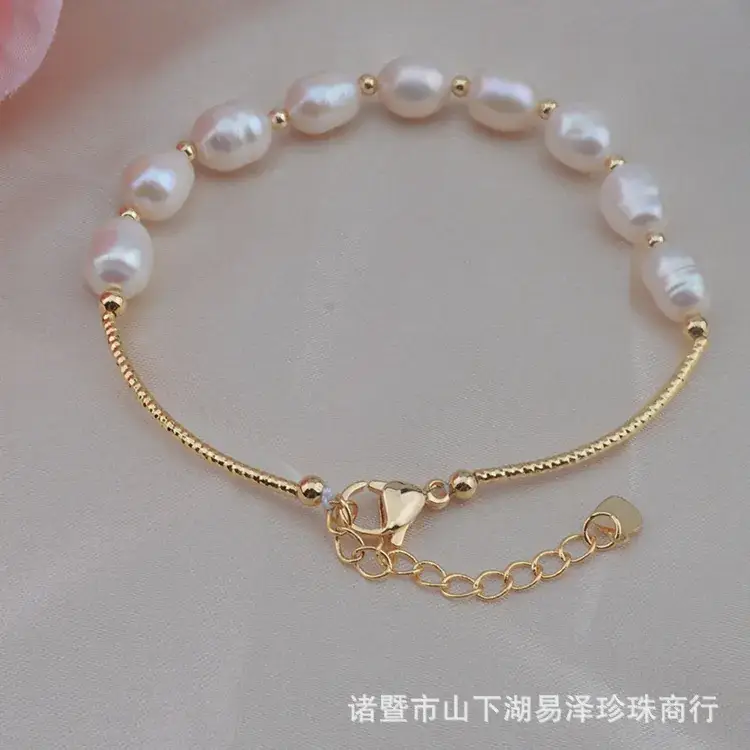 Gold Pearl Bracelet with Chain & Heart Pendant - Image 5
