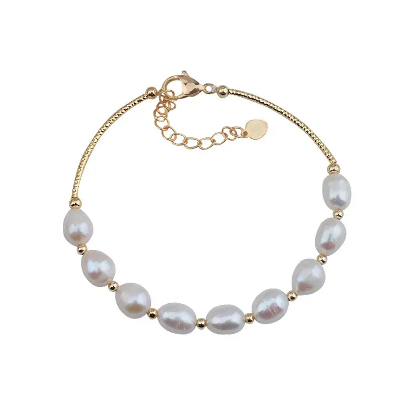 Gold Pearl Bracelet with Chain & Heart Pendant - Image 6