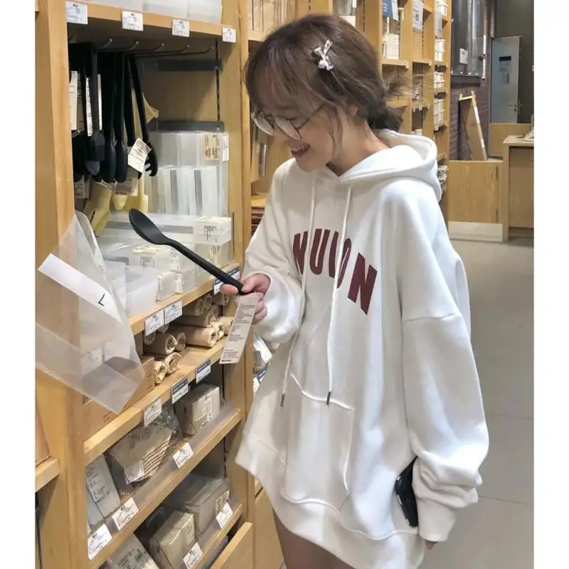 Women Cotton White Hooded Letter Print Sweater Winter Loose Top - Image 3