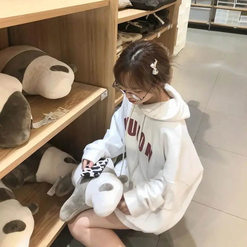 Women Cotton White Hooded Letter Print Sweater Winter Loose Top - Image 4
