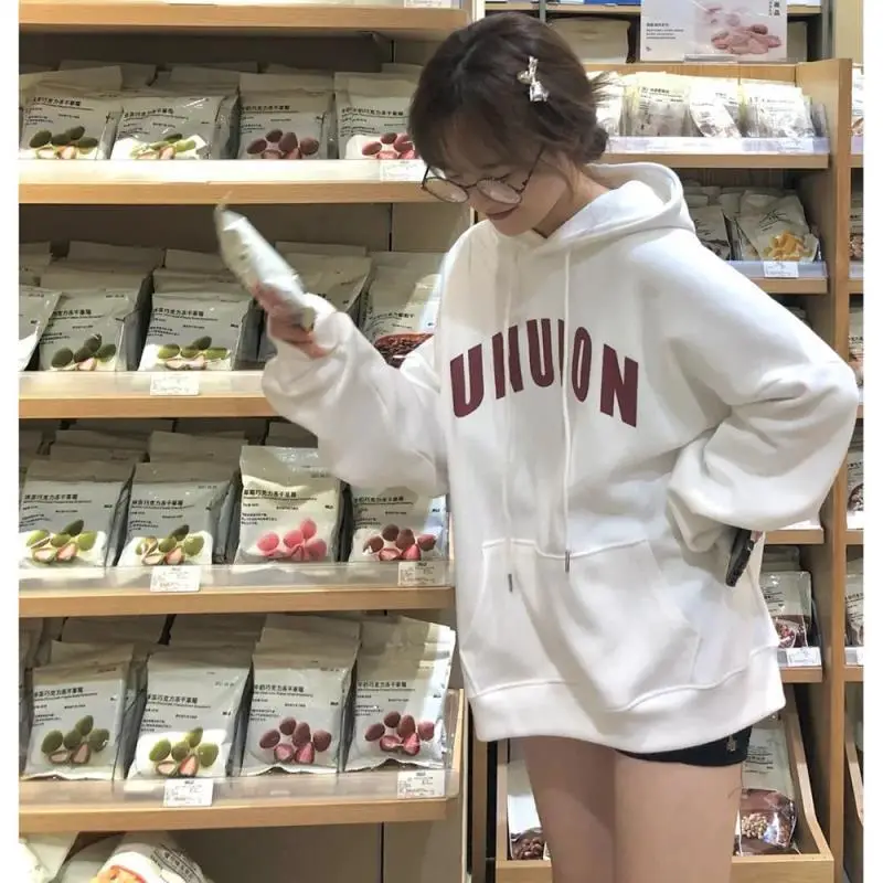 Women Cotton White Hooded Letter Print Sweater Winter Loose Top — feature 3