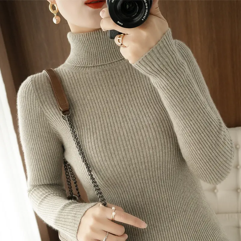Women High Collar Slim Fit Knitwear Wool Top - Image 5