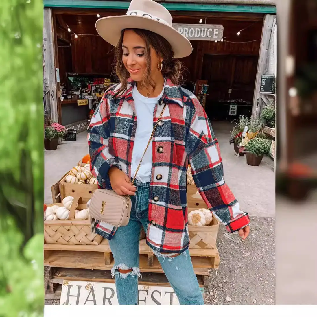 Women Plaid Long Sleeve Jacket Mid Length Loose Cotton - Image 7