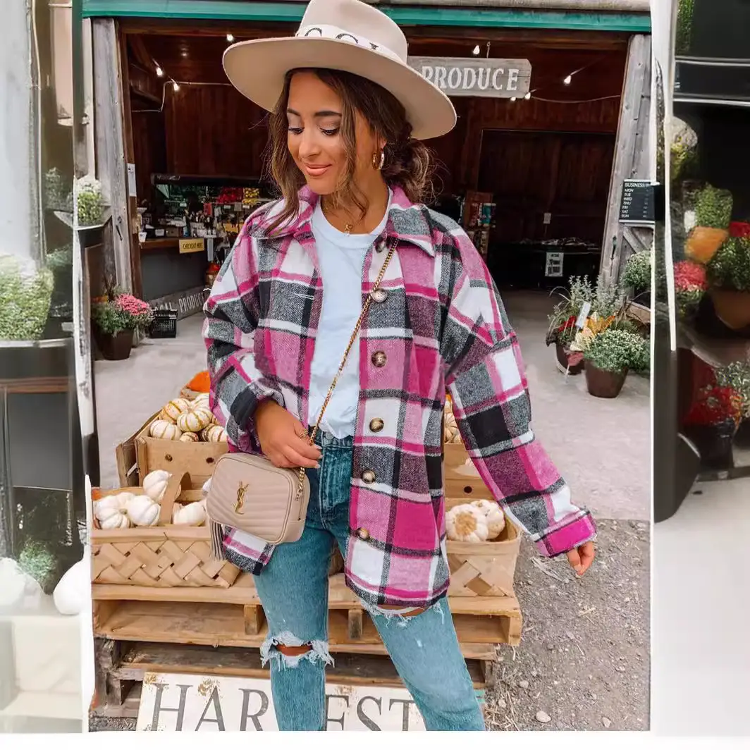 Women Plaid Long Sleeve Jacket Mid Length Loose Cotton - Image 8
