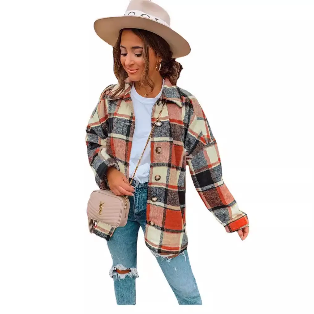 Women Plaid Long Sleeve Jacket Mid Length Loose Cotton - Image 9