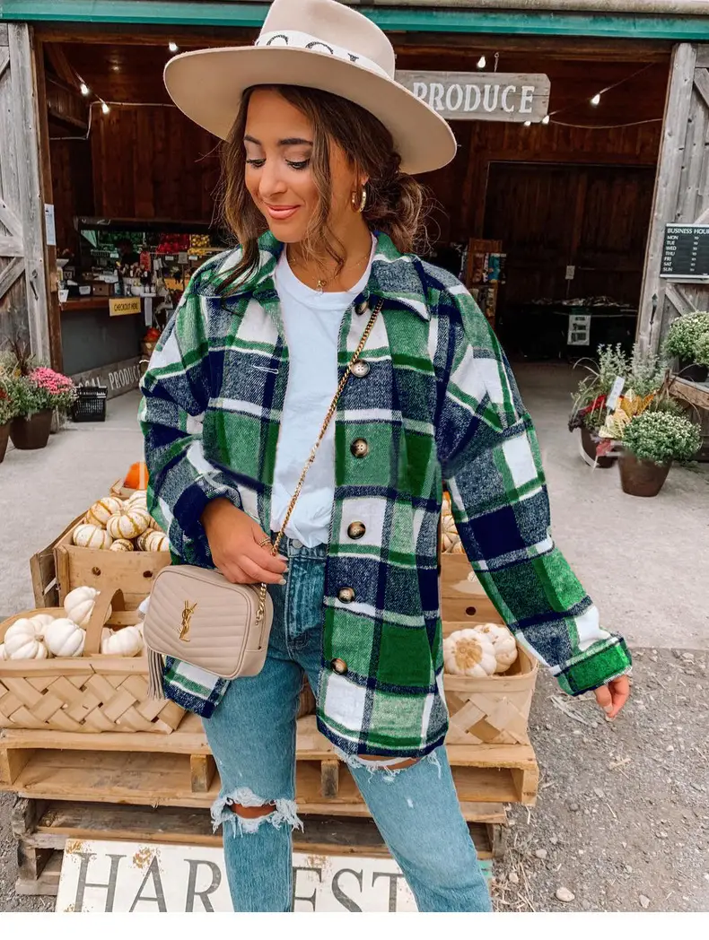 Women Plaid Long Sleeve Jacket Mid Length Loose Cotton - Image 2