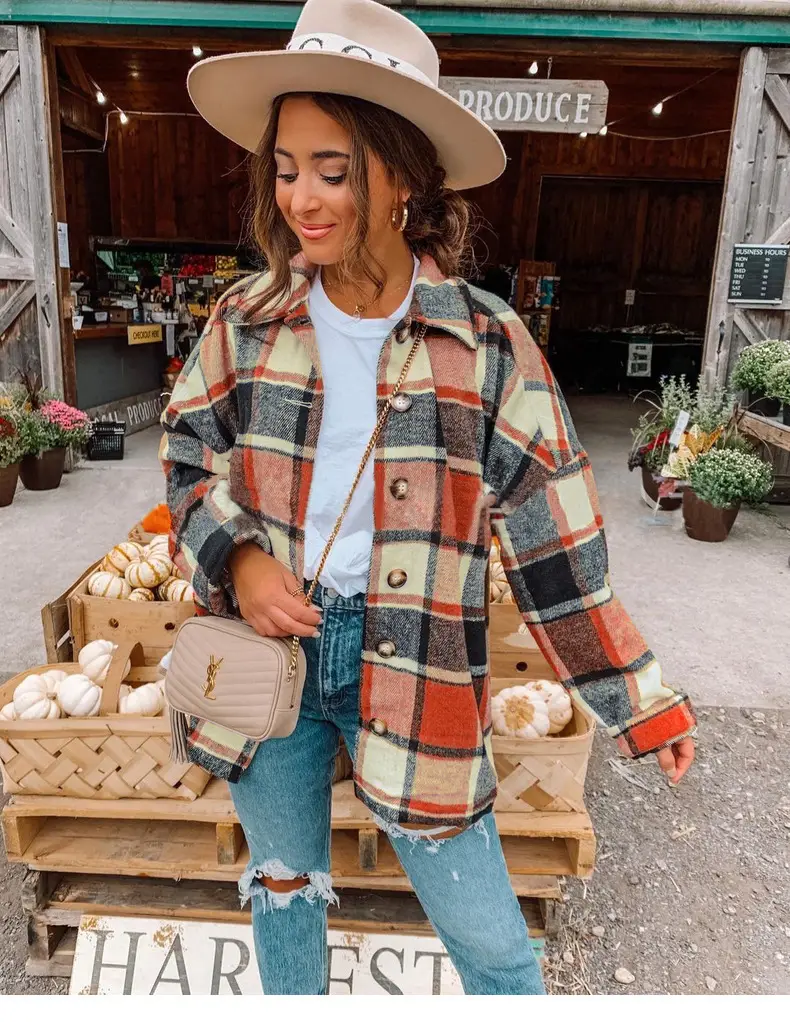 Women Plaid Long Sleeve Jacket Mid Length Loose Cotton - Image 3