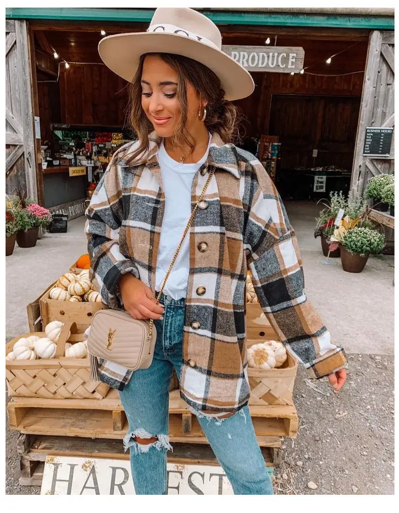 Women Plaid Long Sleeve Jacket Mid Length Loose Cotton - Image 4