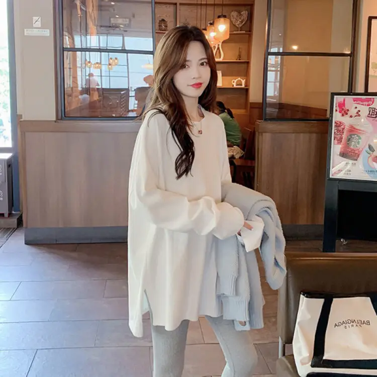 White Cotton Split Long Sleeve Top for Women Spring Autumn 2024 - Image 2