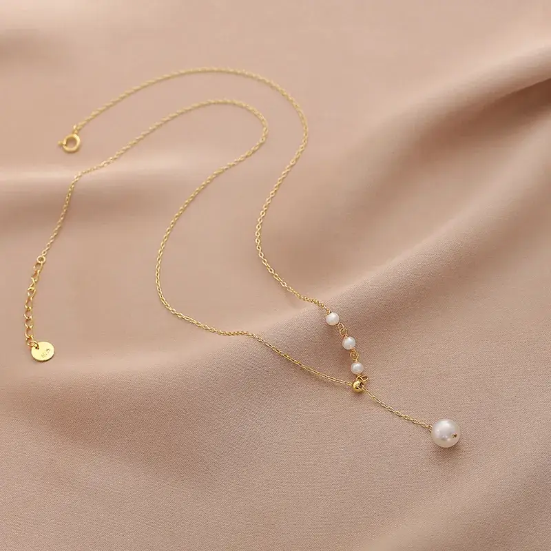 18K Gold Pearl Necklace for Women Adjustable - Image 2