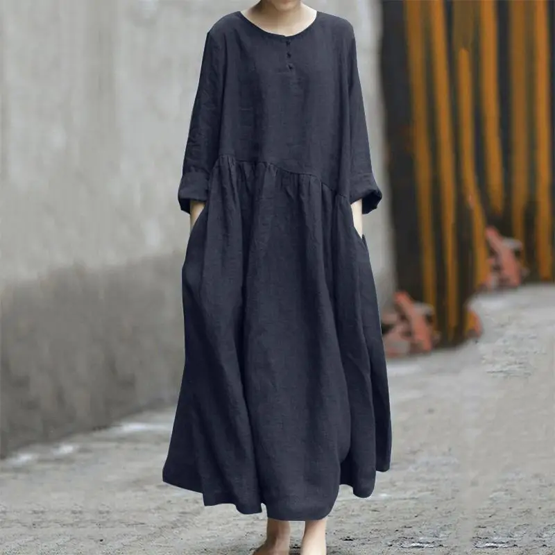 2023 Black Cotton Linen Long Sleeve Swing Dress Large - Image 5