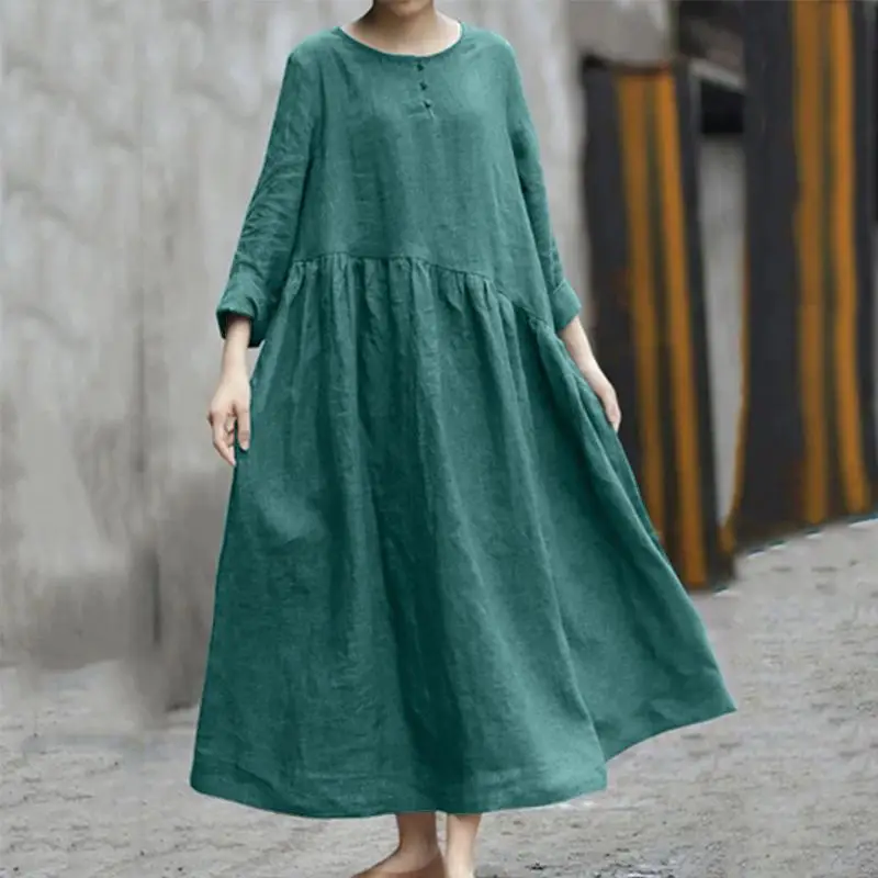 2023 Black Cotton Linen Long Sleeve Swing Dress Large - Image 2