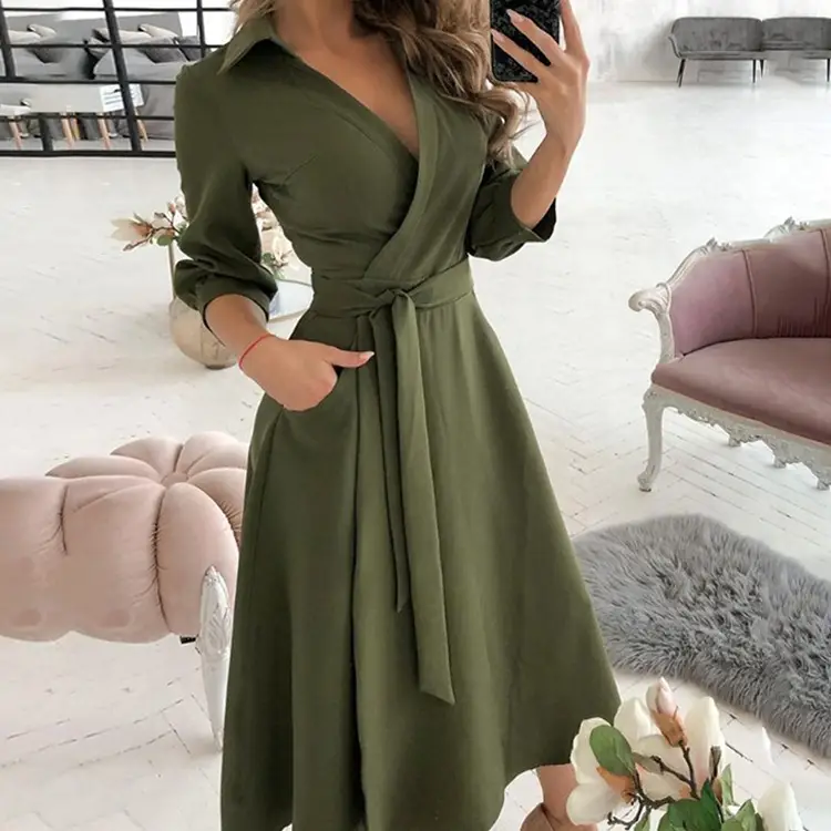 Women's Printed V-Neck Bodycon Dress Olive Green - Image 5