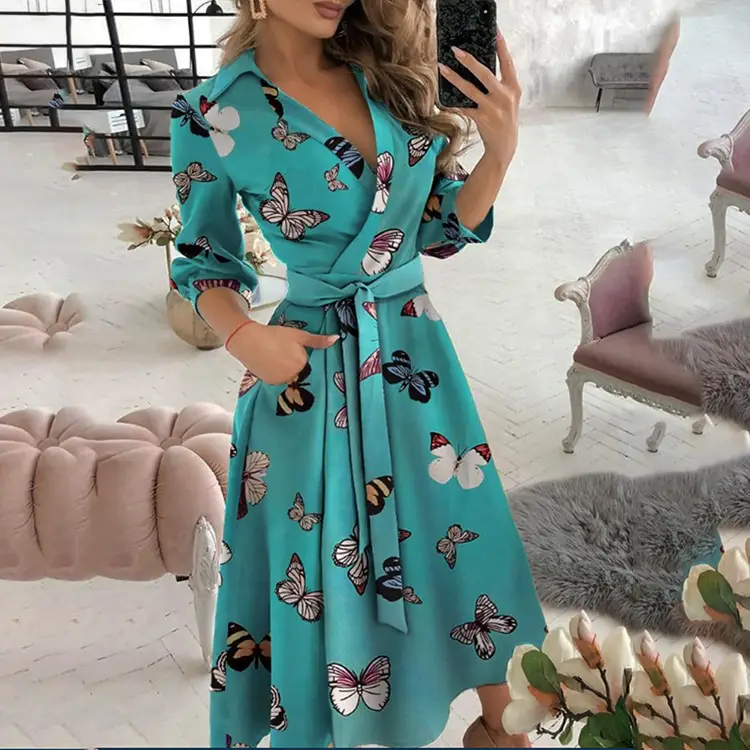 Women's Printed V-Neck Bodycon Dress Olive Green - Image 7