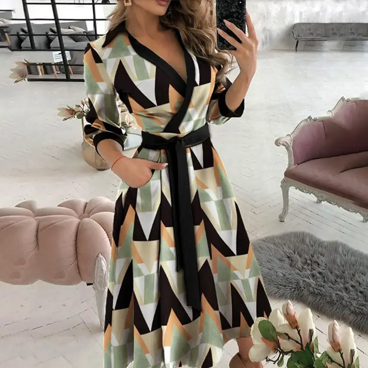 Women's Printed V-Neck Bodycon Dress Olive Green — feature 40