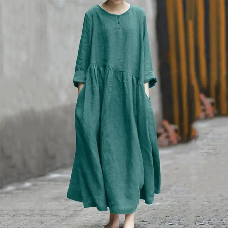 2023 Black Cotton Linen Long Sleeve Dress with Round Neck and Pocket - Image 6