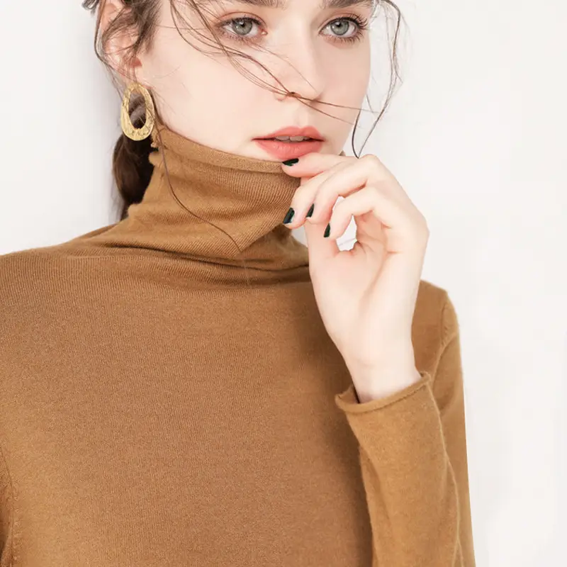 Women Wool Blend Turtleneck Sweater Brown - Image 11
