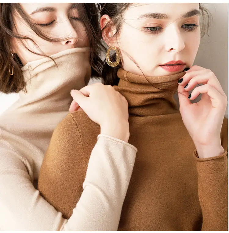 Women Wool Blend Turtleneck Sweater Brown — feature 12