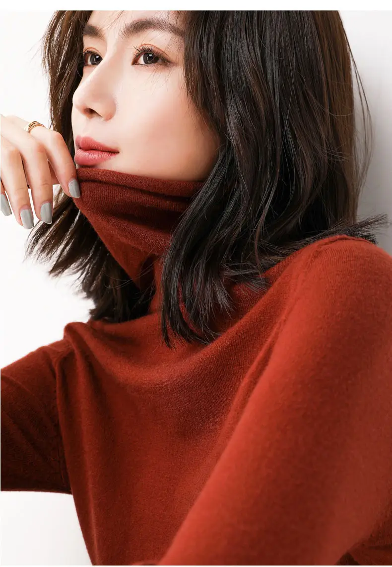 Women Wool Blend Turtleneck Sweater Brown - Image 7