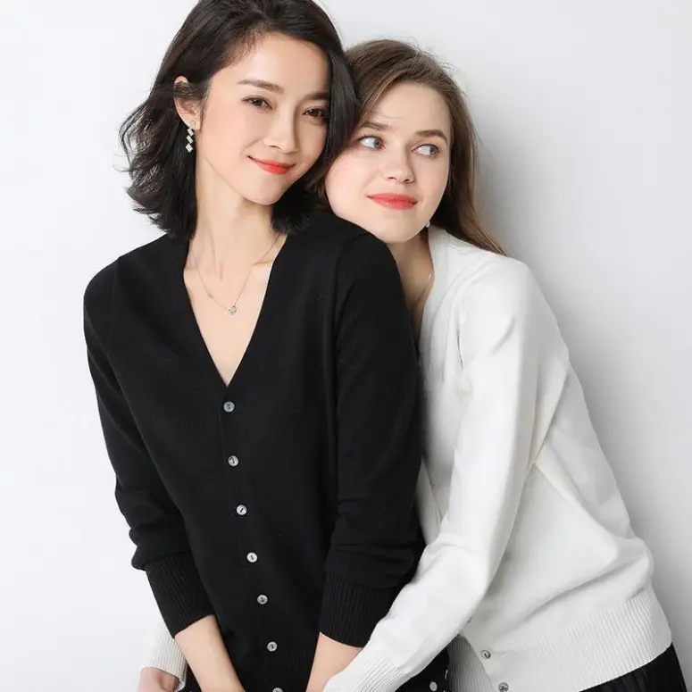 Women V Neck Knitted Cardigan Long Sleeve Pink - Image 14