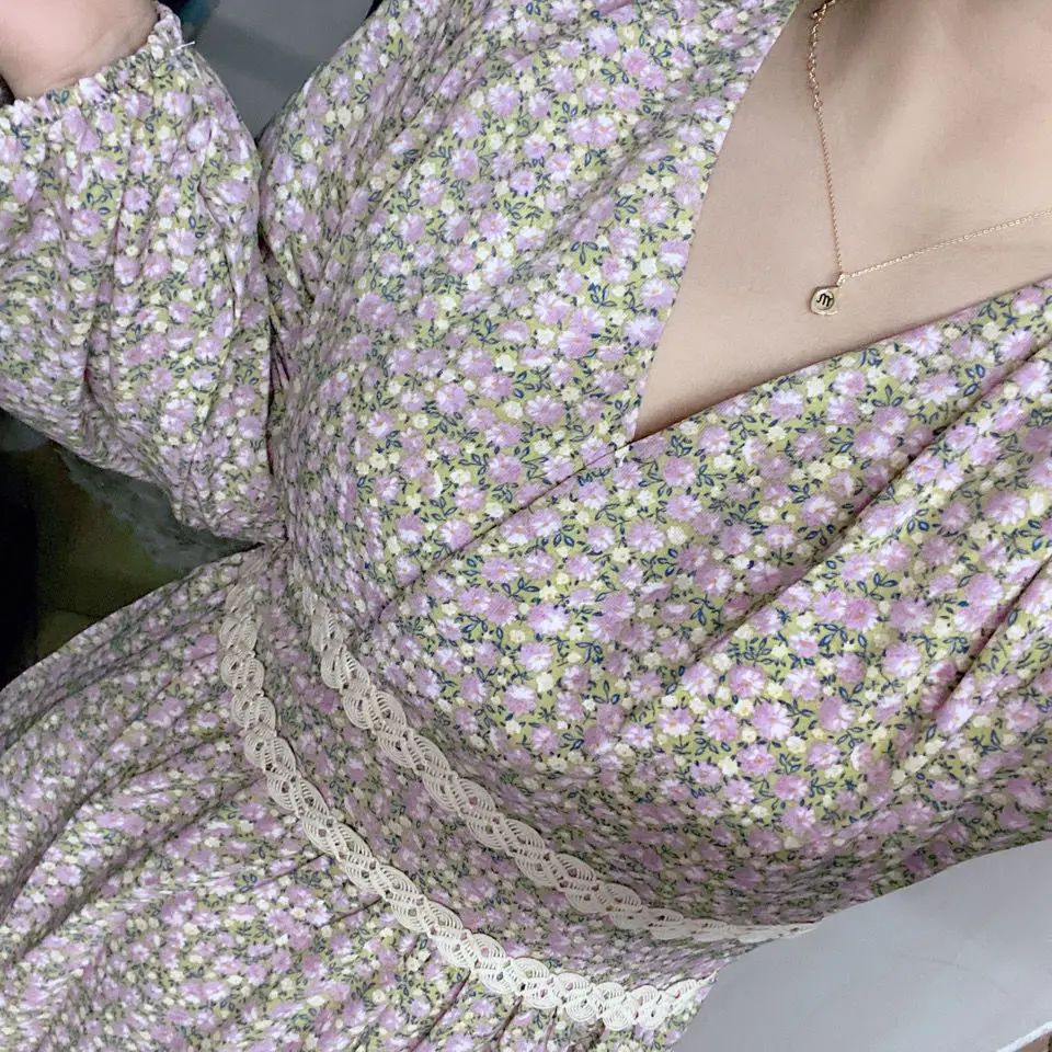 Women Floral V-Neck Dress 2024 Autumn Slimming