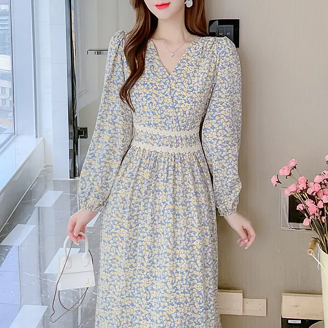 Women Floral V-Neck Dress 2024 Autumn Slimming