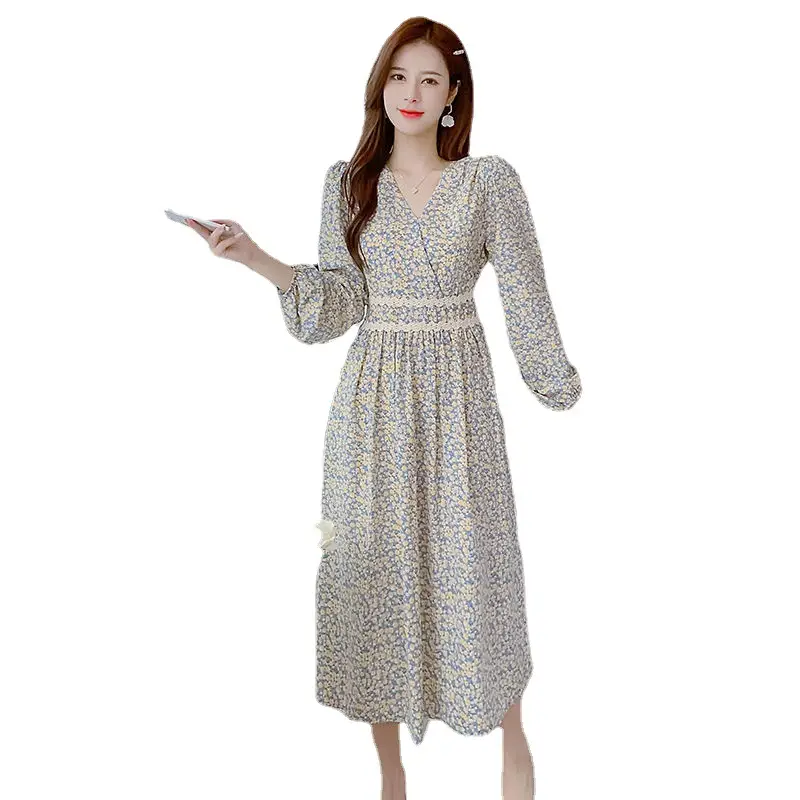 Women Floral V-Neck Dress 2024 Autumn Slimming