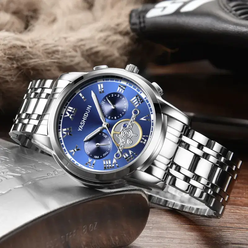 Men's Black Steel Band Three-Eye Watch - Image 4