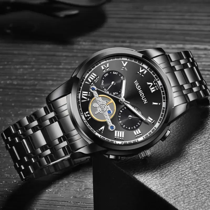 Men's Black Steel Band Three-Eye Watch - Image 6