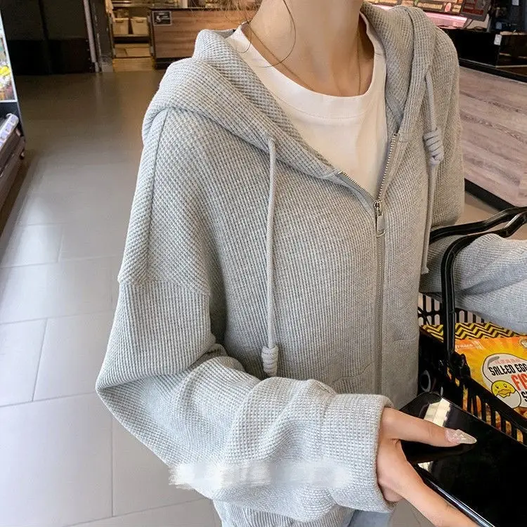 Women's Thin Waffle Hooded Hoodie Grey Winter Casual - Image 4