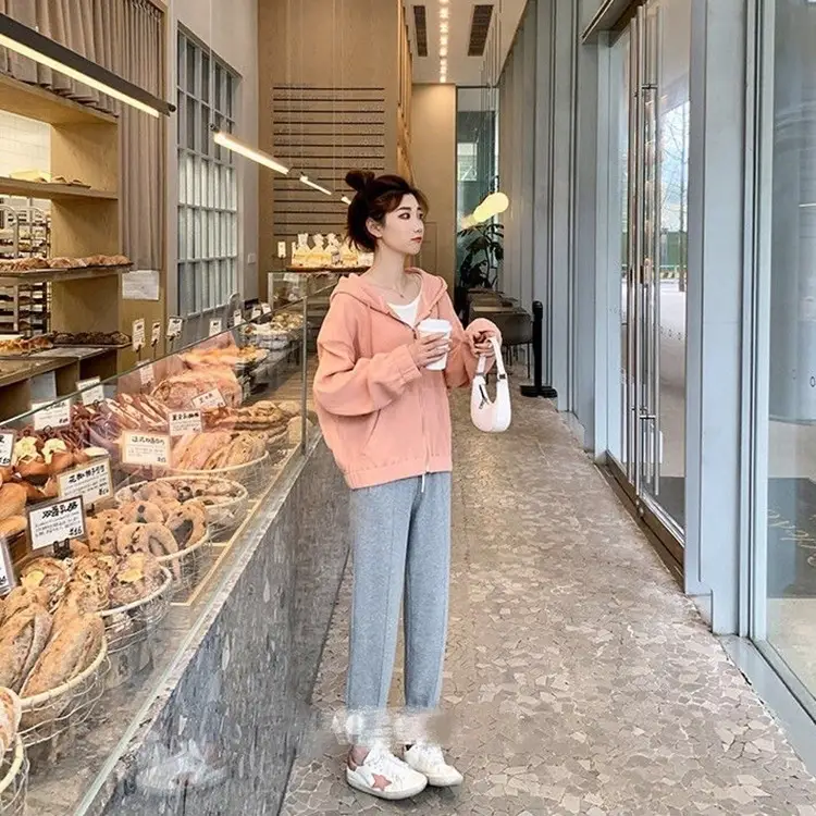 Women's Thin Waffle Hooded Hoodie Grey Winter Casual - Image 5