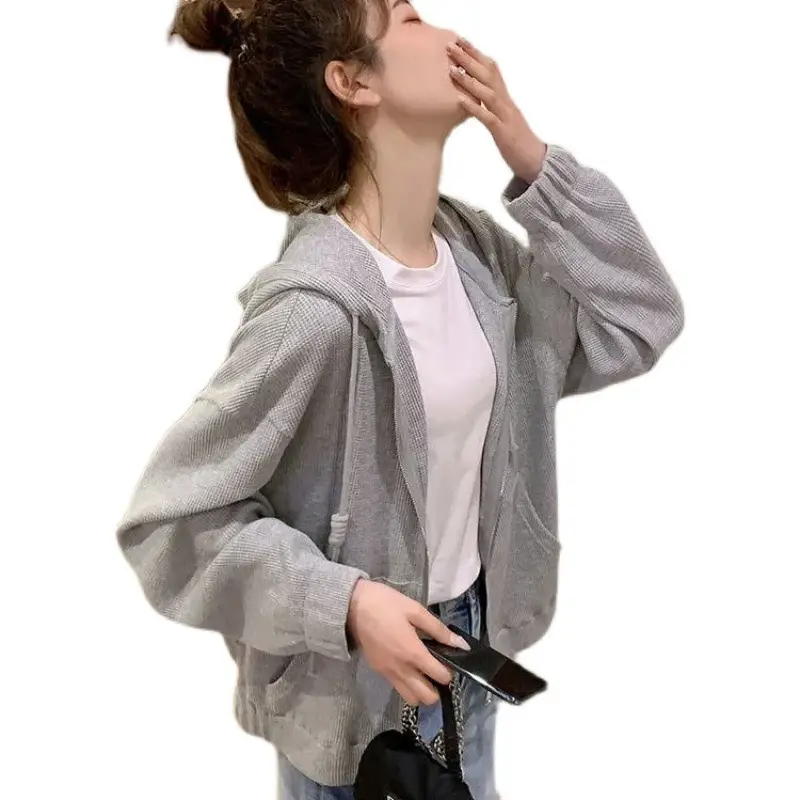 Women's Thin Waffle Hooded Hoodie Grey Winter Casual - Image 7