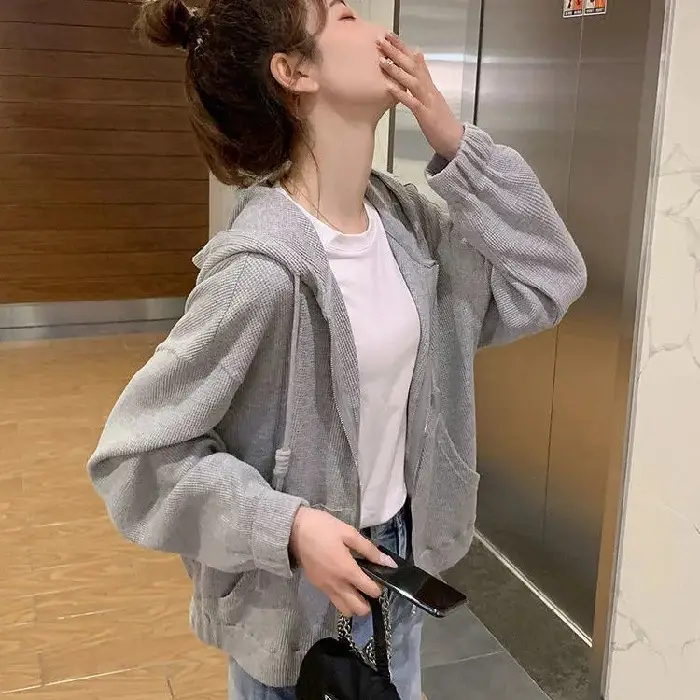 Women's Thin Waffle Hooded Hoodie Grey Winter Casual - Image 2
